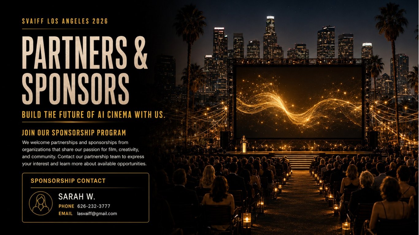 SVAIFF New York 2026 — Partners & Sponsors. Build the future of AI cinema with us. Join our sponsorship program. Sponsorship contact: Sarah W., phone 626-232-3777, email lasvaiff@gmail.com