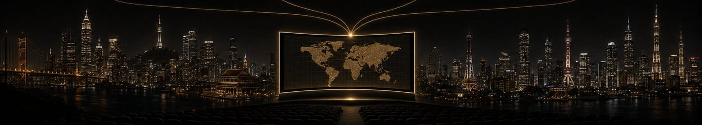 Skylines of the SVAIFF network cities converging on one global screen