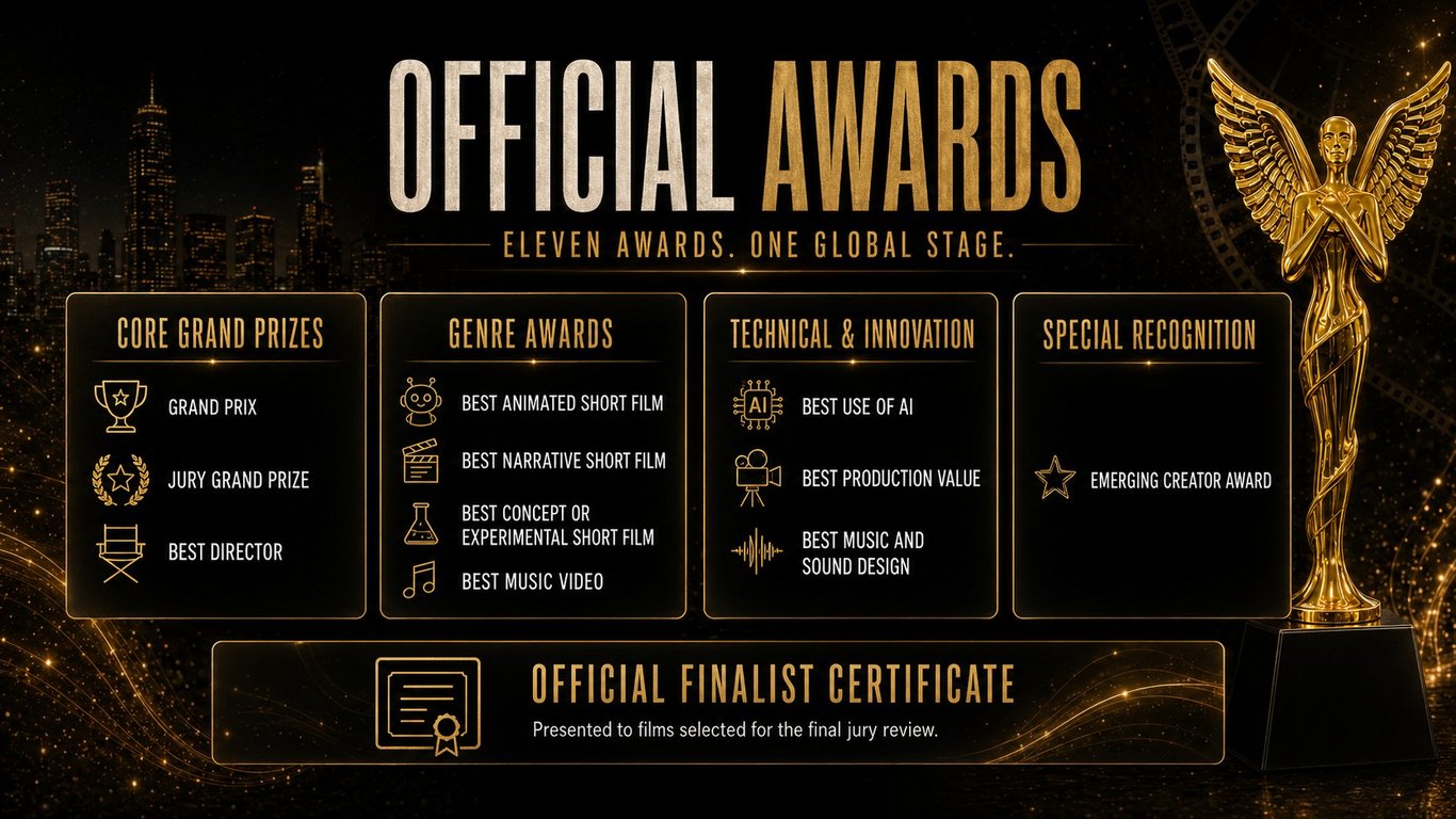 Official Awards — Eleven awards, one global stage. Core Grand Prizes: Grand Prix, Jury Grand Prize, Best Director. Genre Awards: Best Animated Short Film, Best Narrative Short Film, Best Concept or Experimental Short Film, Best Music Video. Technical & Innovation: Best Use of AI, Best Production Value, Best Music and Sound Design. Special Recognition: Emerging Creator Award. Official Finalist Certificate presented to films selected for the final jury review.