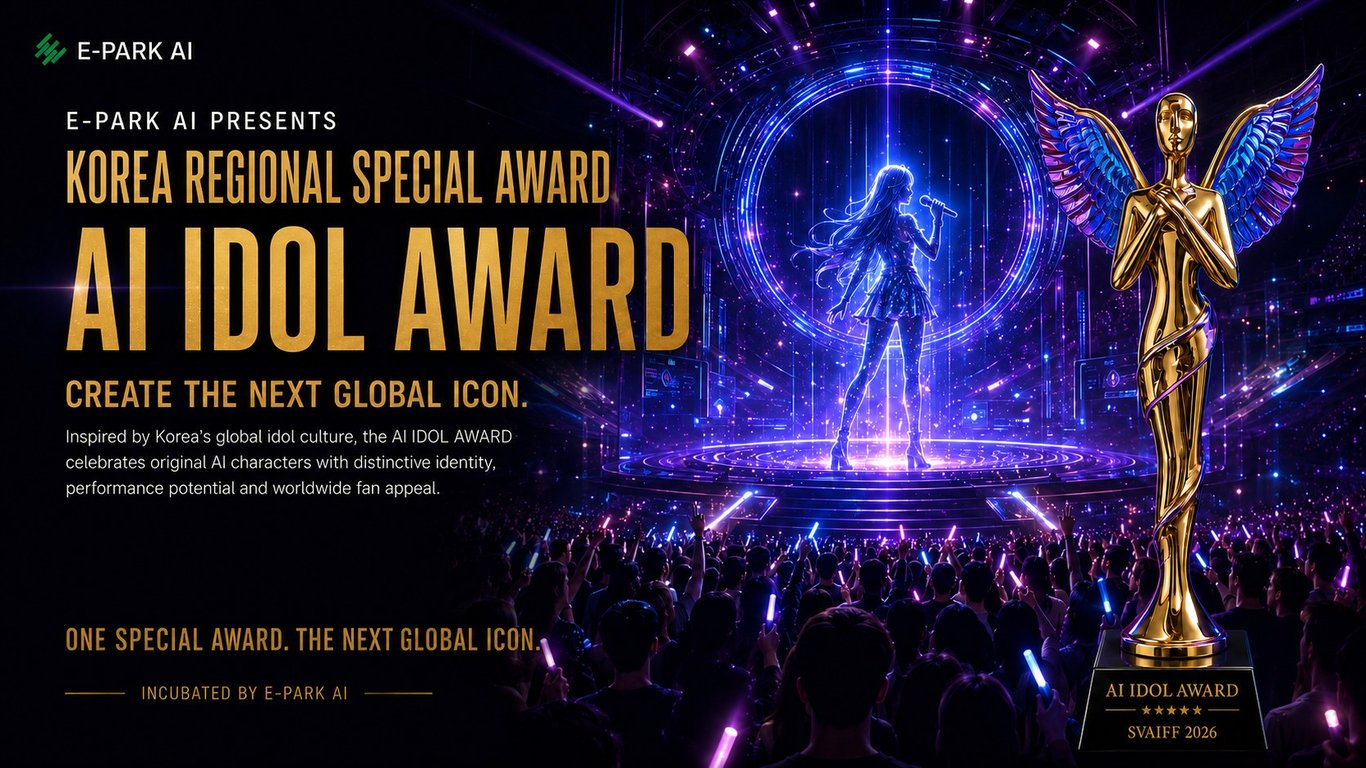 E-PARK AI presents the Korea Regional Special Award — AI IDOL AWARD. Create the next global icon. Inspired by Korea's global idol culture, the AI IDOL AWARD celebrates original AI characters with distinctive identity, performance potential and worldwide fan appeal. One special award. The next global icon. Incubated by E-PARK AI.