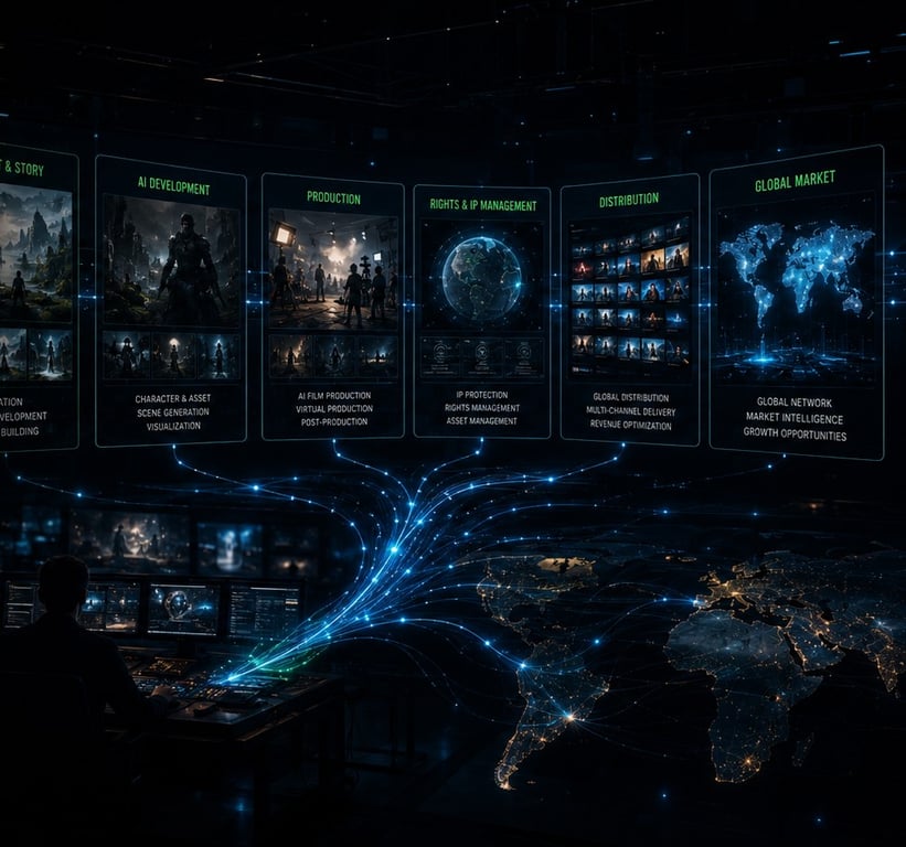 E-PARK AI pipeline — Concept & Story, AI Development, Production, Rights & IP Management, Distribution, Global Market